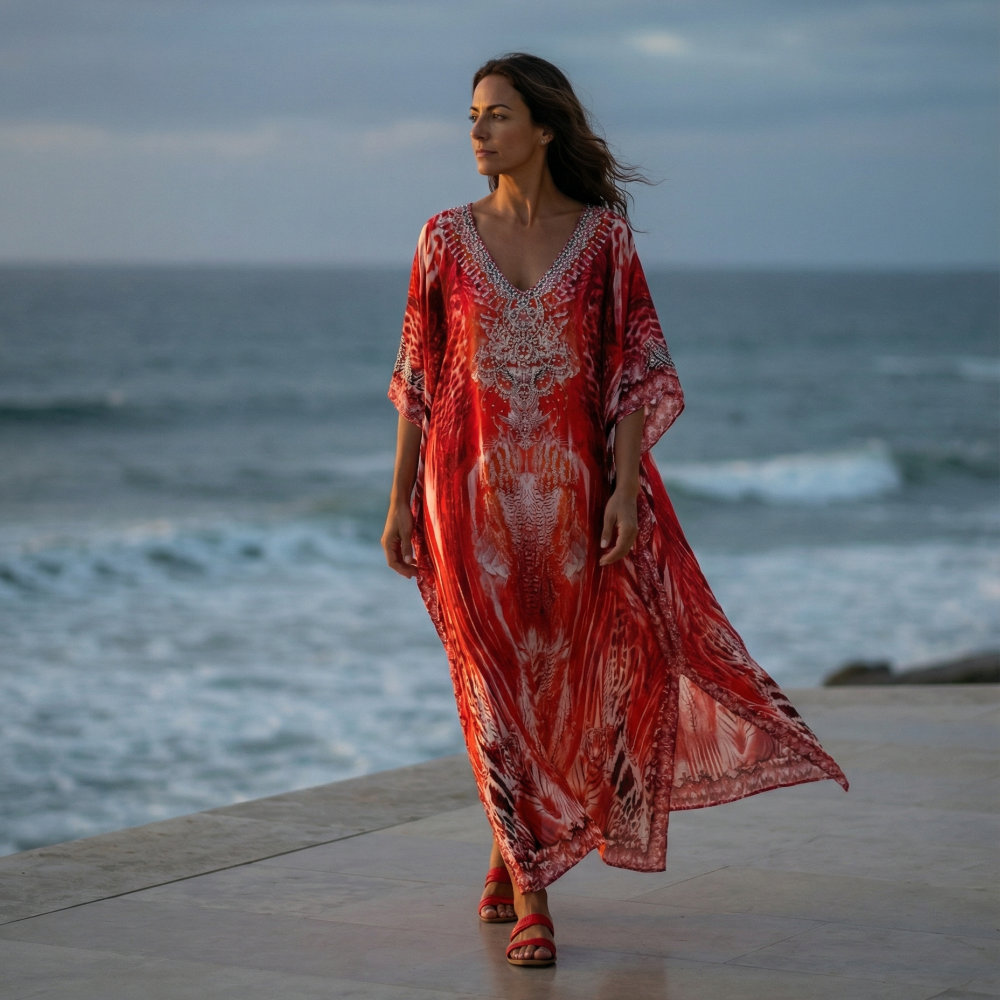 Long Silk Embellished Kaftan Leopard at Kaftans that Bling 