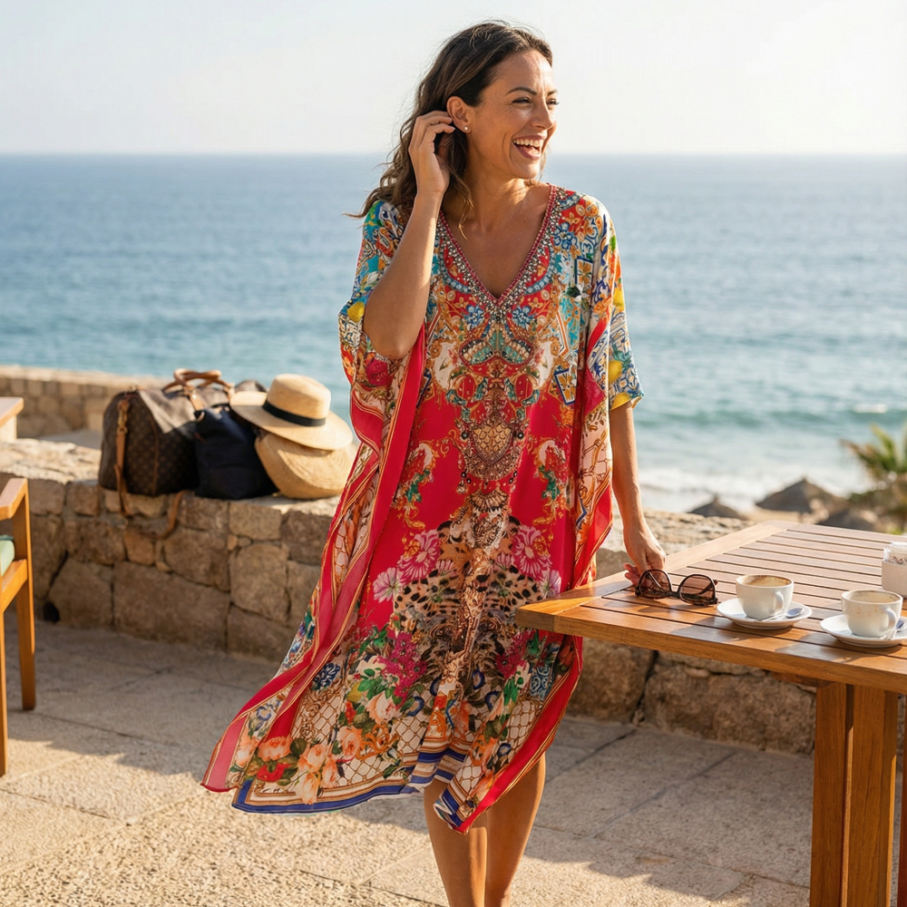 Short Embellished Silk Kaftan - Venus Red