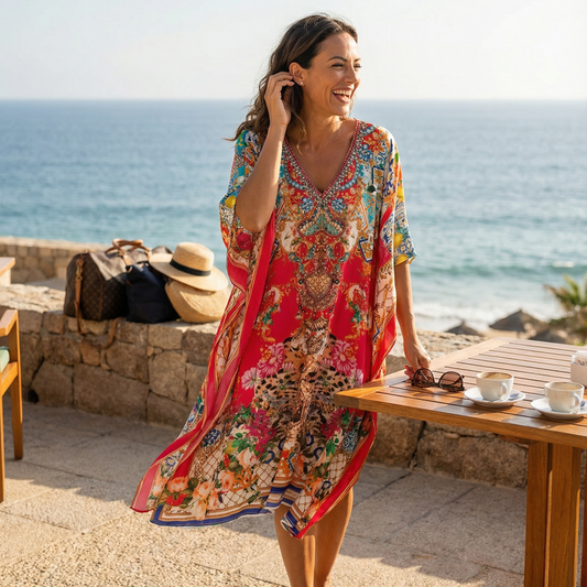 Short Embellished Silk Kaftan - Venus Red