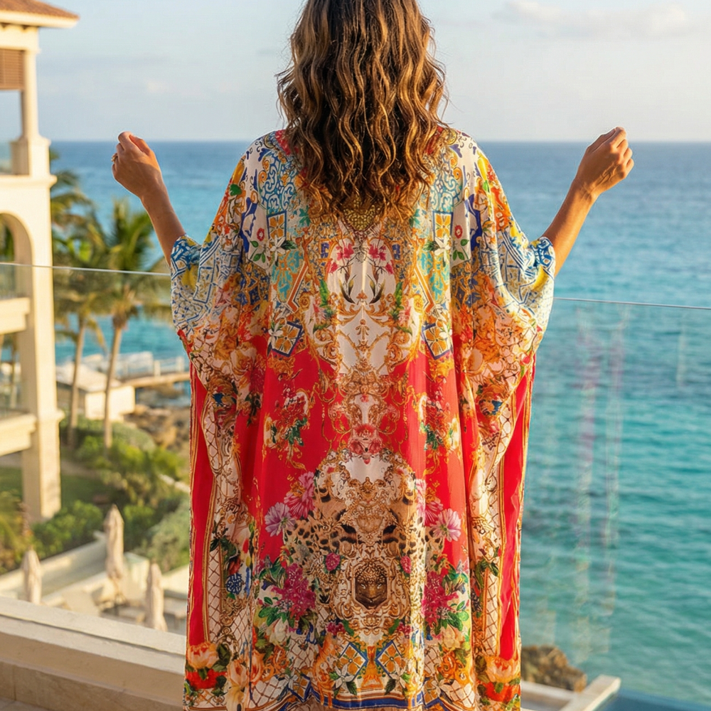 Short Embellished Silk Kaftan - Venus Red