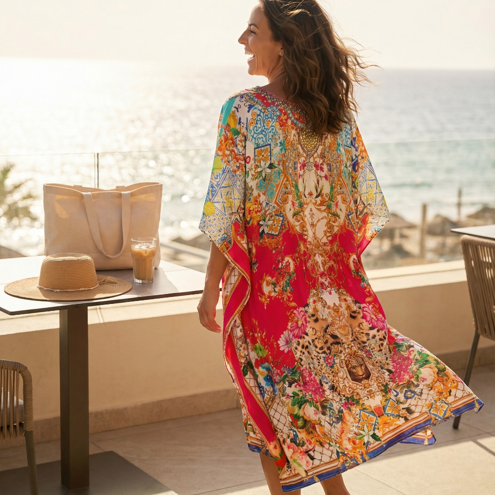 Short Embellished Silk Kaftan - Venus Red