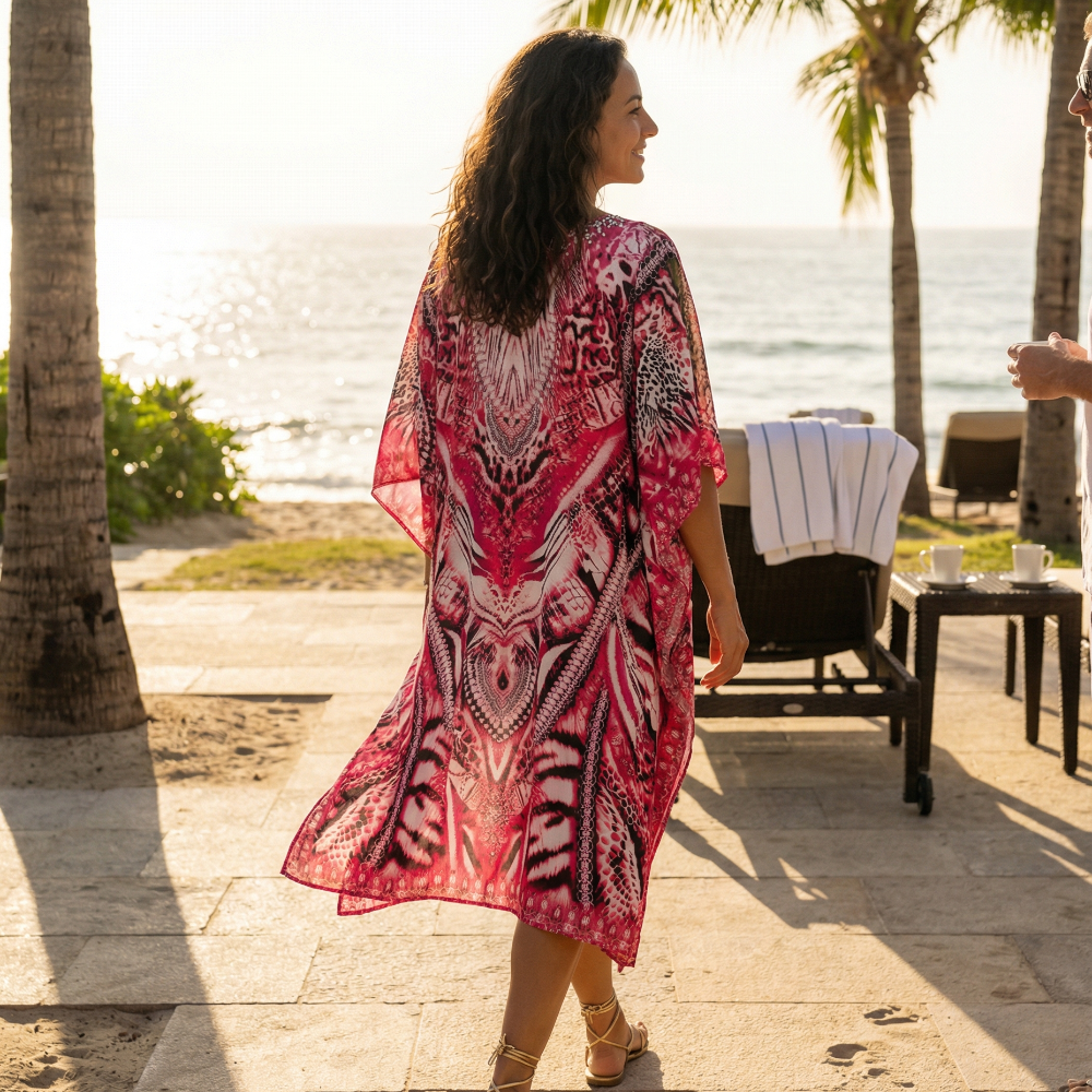 Short Silk Embellished Kaftan Leopard