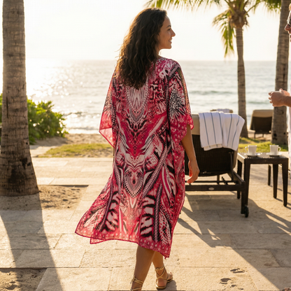 Short Silk Embellished Kaftan Leopard