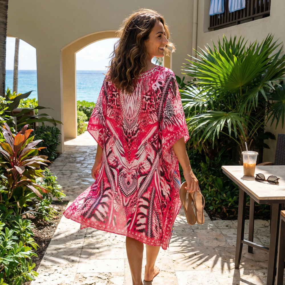 Short Silk Embellished Kaftan Leopard