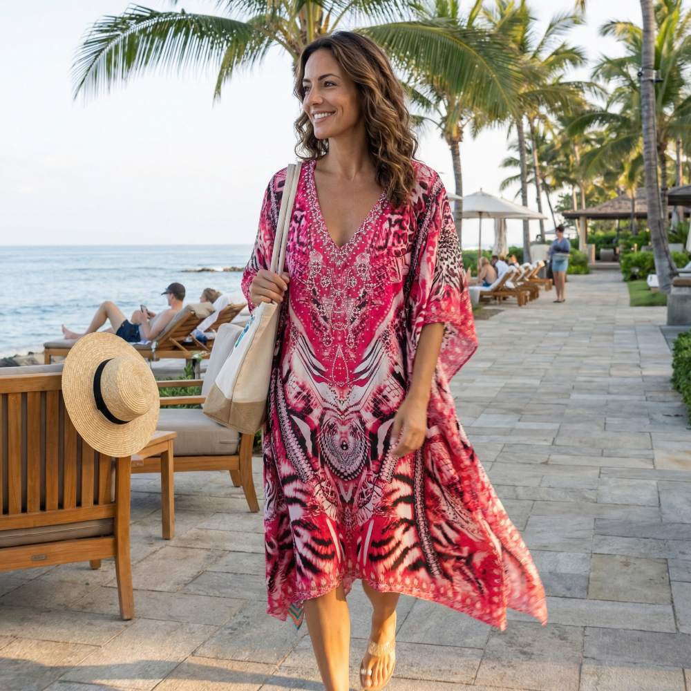 Short Silk Embellished Kaftan Leopard