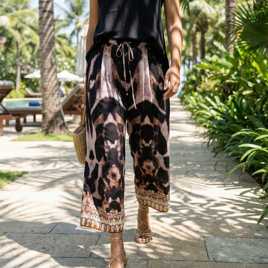 Silk Embellished Palazzo Pants - Snow Leopard