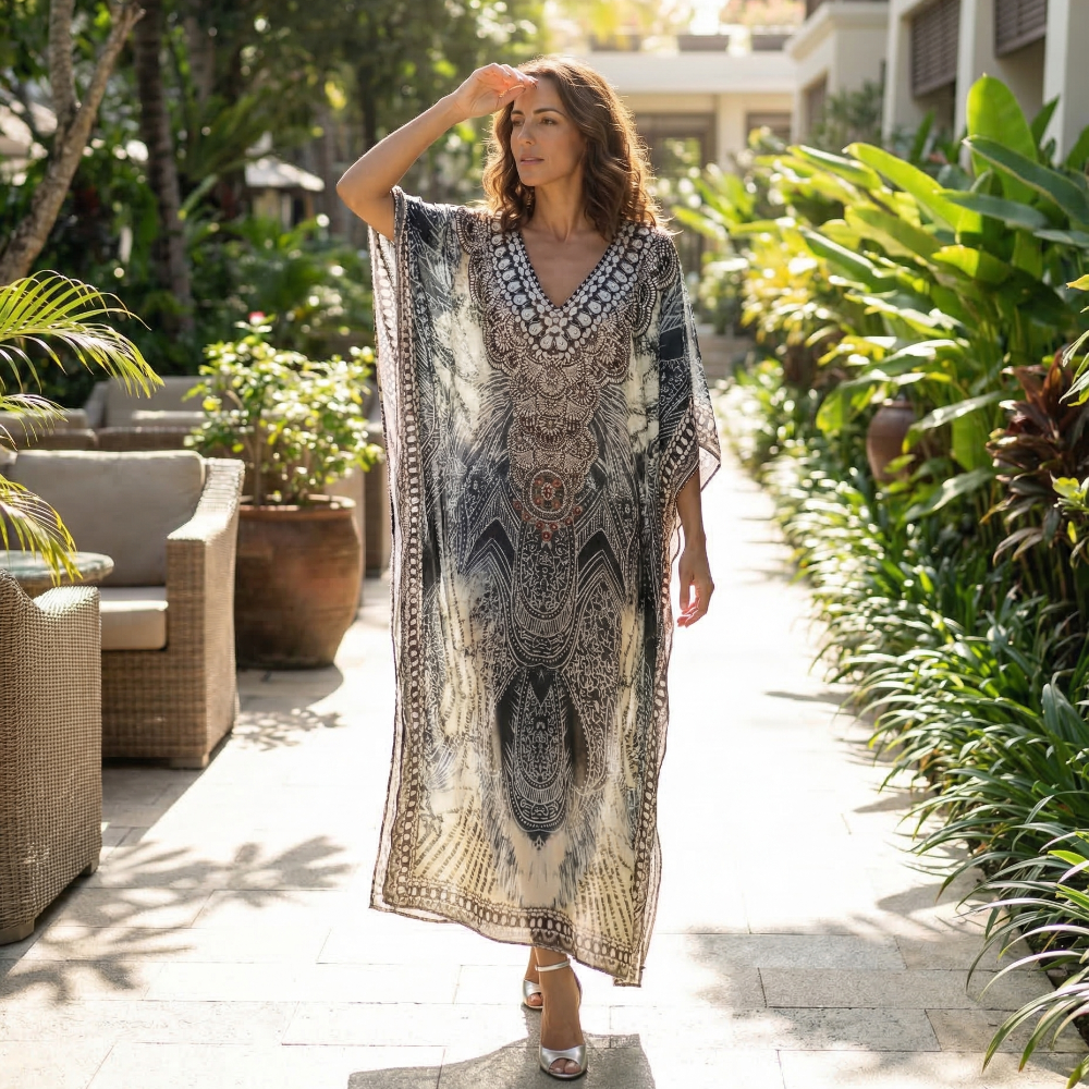 long Silk Embellished Kaftan Tahitian