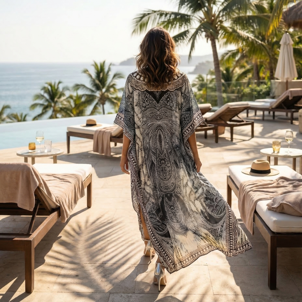 long Silk Embellished Kaftan Tahitian