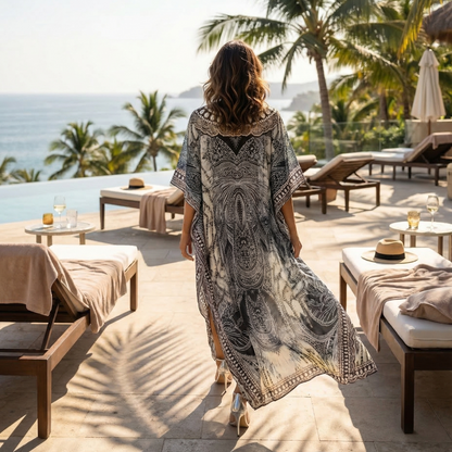 long Silk Embellished Kaftan Tahitian