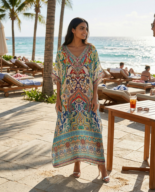 Long Embellished Silk Box Kaftan Santiago at kaftans that Bling