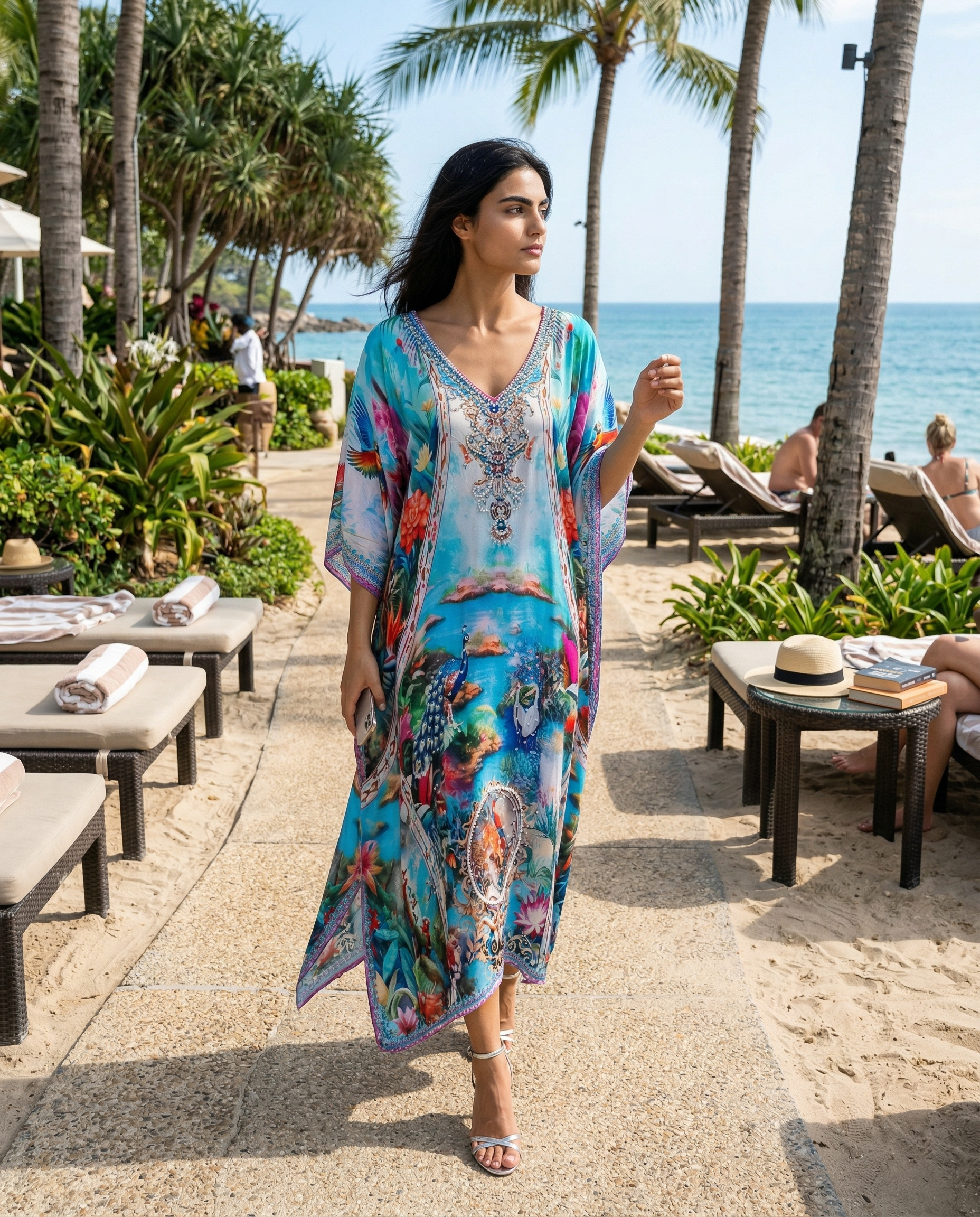 Long Silk Embellished Kaftan Birds of Paradise at Kaftans that Bling 