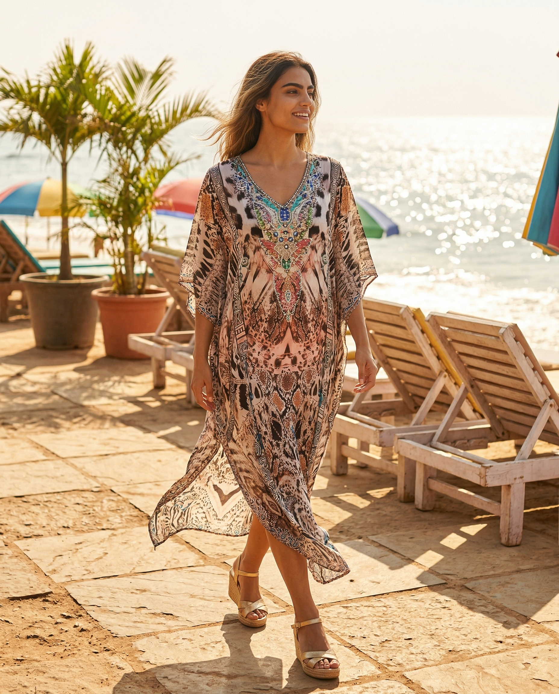 Long Embellished Silk Kaftan Cobra