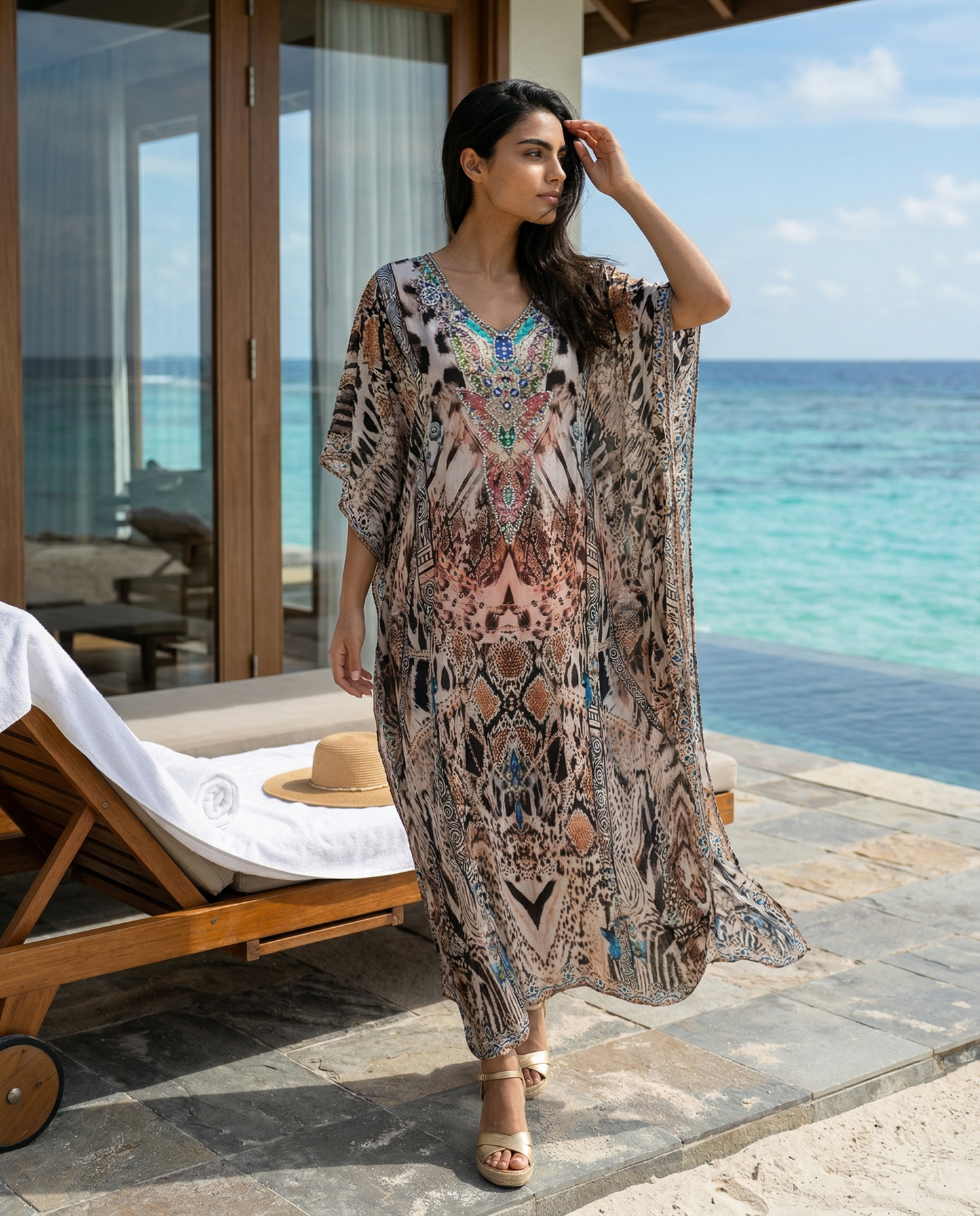 Long Embellished Silk Kaftan Cobra