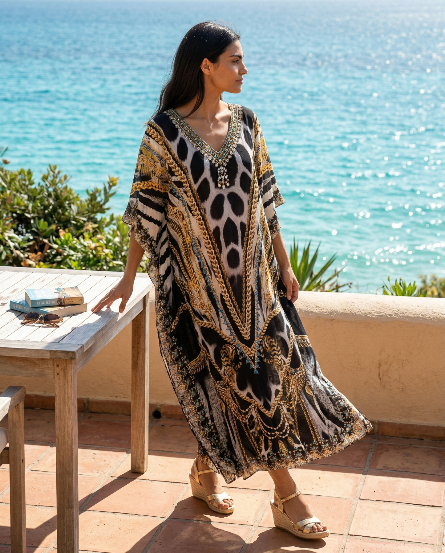 Long Embellished Silk Kaftan Ibis