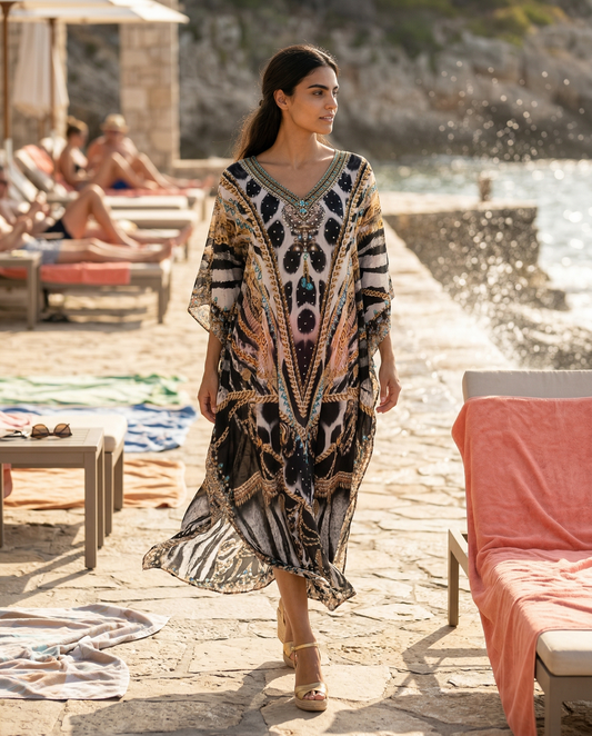 Long Embellished Silk Kaftan Ibis at Kaftans that Bling 