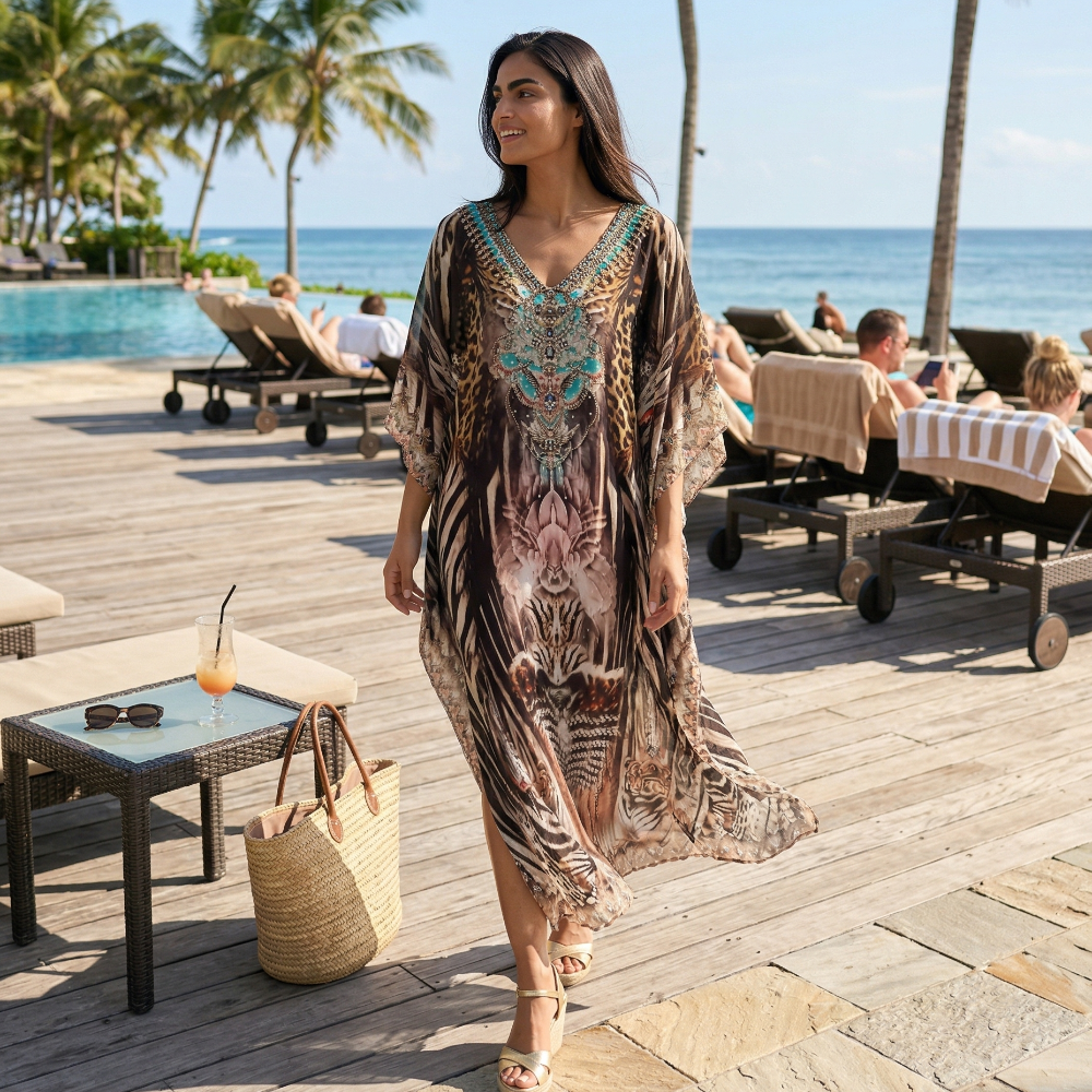Long Embellished Silk Kaftan Leopard at Kaftans that Bling 