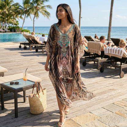 Long Embellished Silk Kaftan Leopard at Kaftans that Bling 