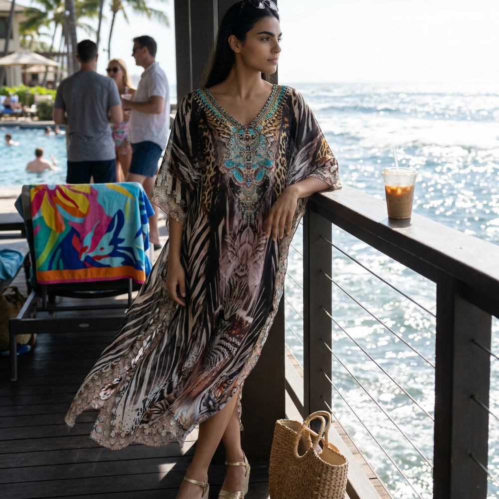 Long Embellished Silk Kaftan Leopard at Kaftans that Bling 