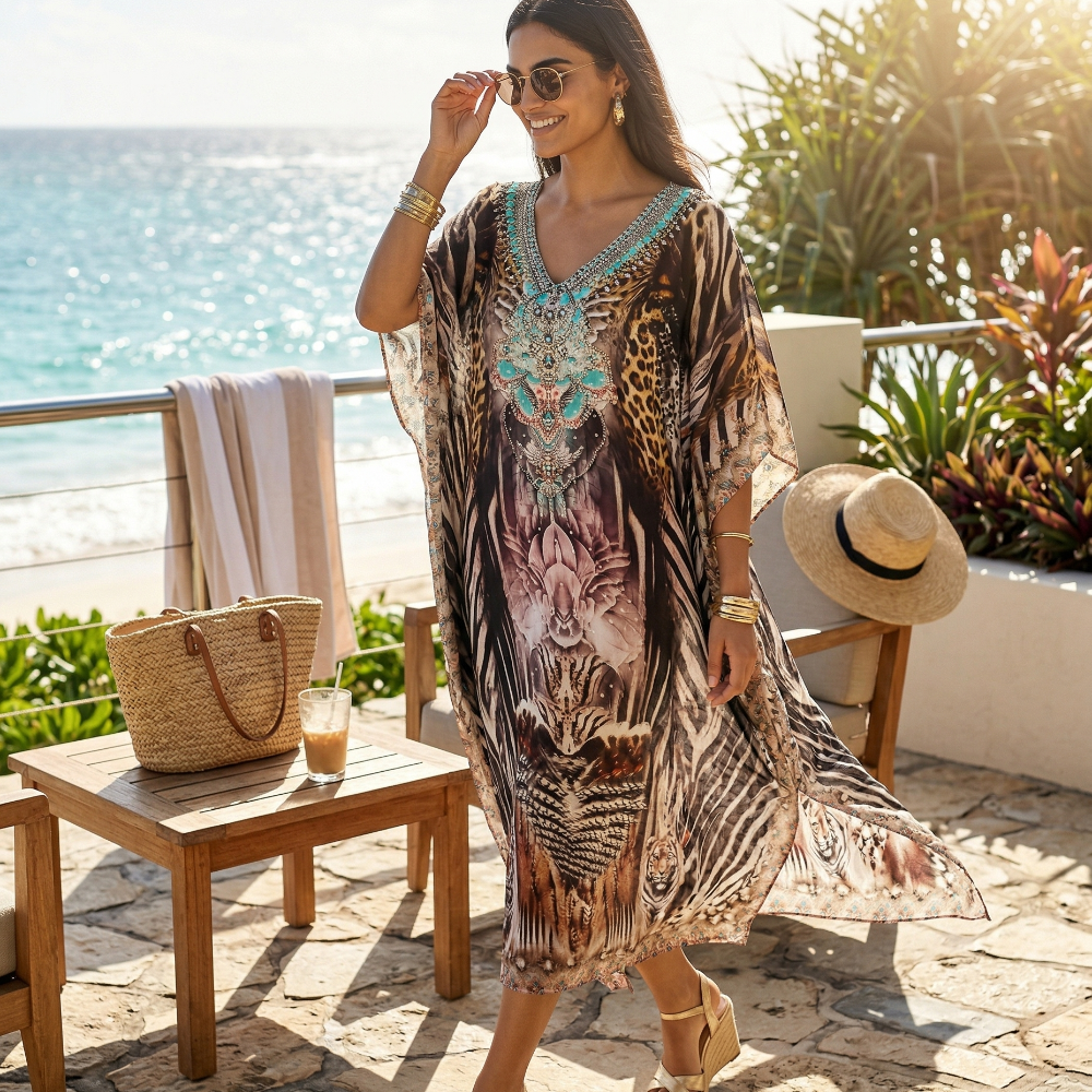 Long Embellished Silk Kaftan Leopard at Kaftans that Bling 