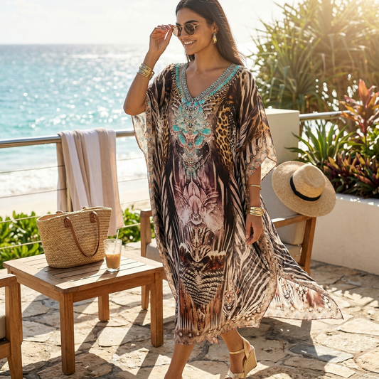 Long Embellished Silk Kaftan Leopard at Kaftans that Bling 