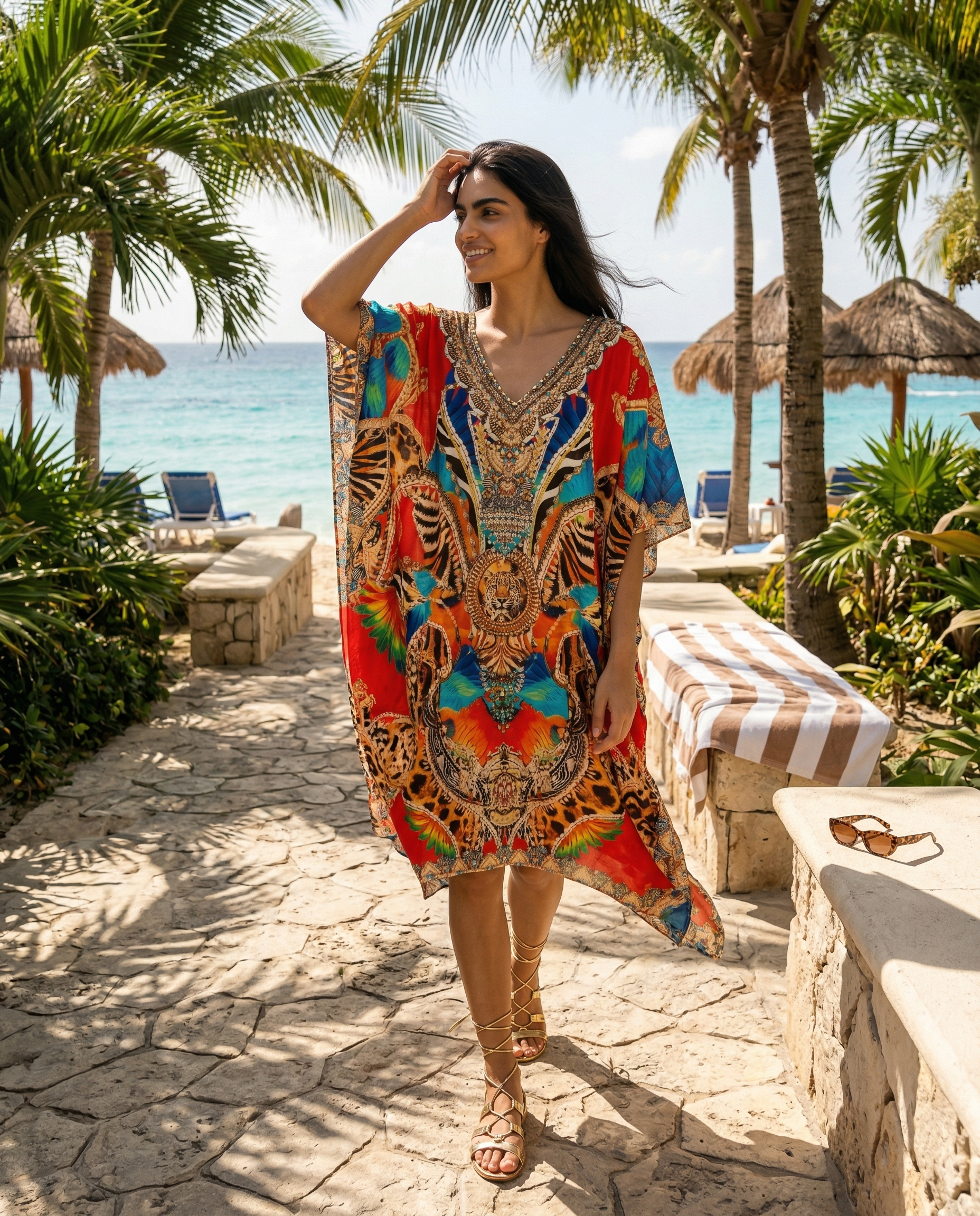 Short Silk Embellished Kaftan Mykonos