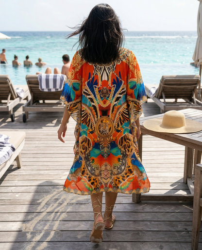 Short Silk Embellished Kaftan Mykonos