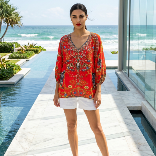 Silk Embellished Gypsy Top Raisin
