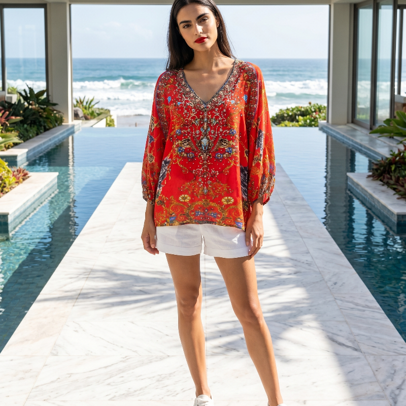 Silk Embellished Gypsy Top Raisin