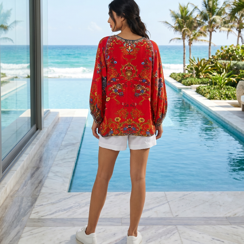 Silk Embellished Gypsy Top Raisin
