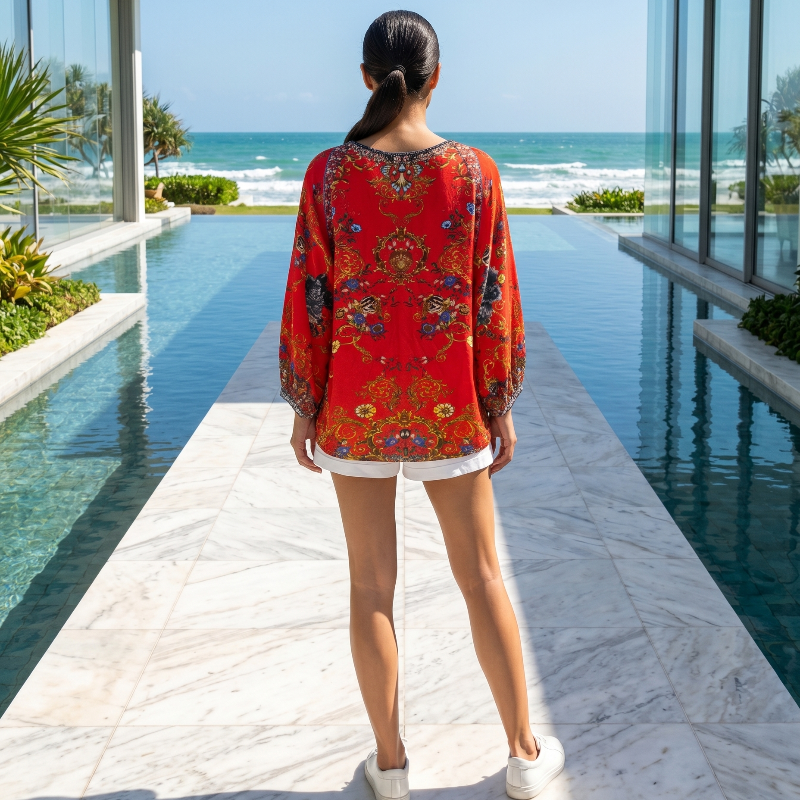 Silk Embellished Gypsy Top Raisin
