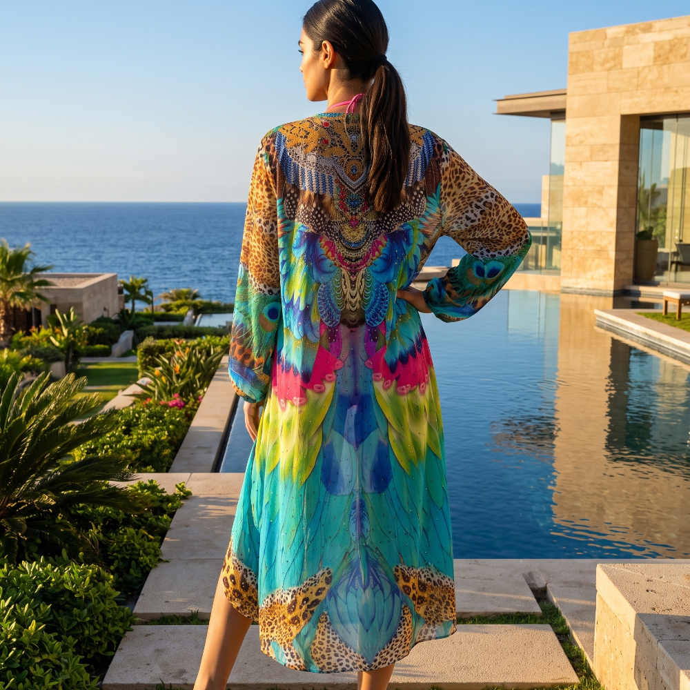 long Silk Embellished Kimono Robe Enchanted by Kaftans that Bling