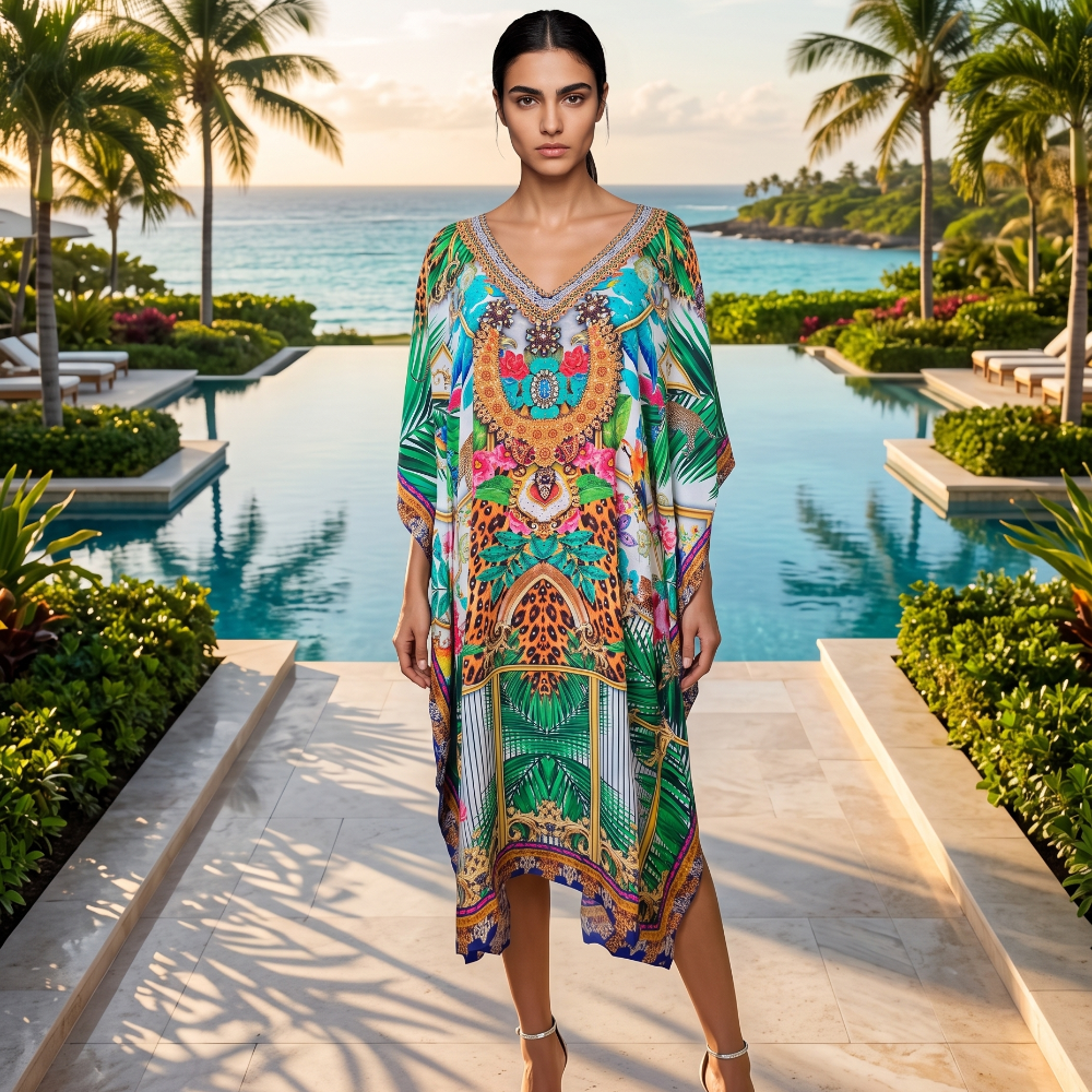 Short Silk Embellished Kaftan Tropical by Kaftans that Bling 