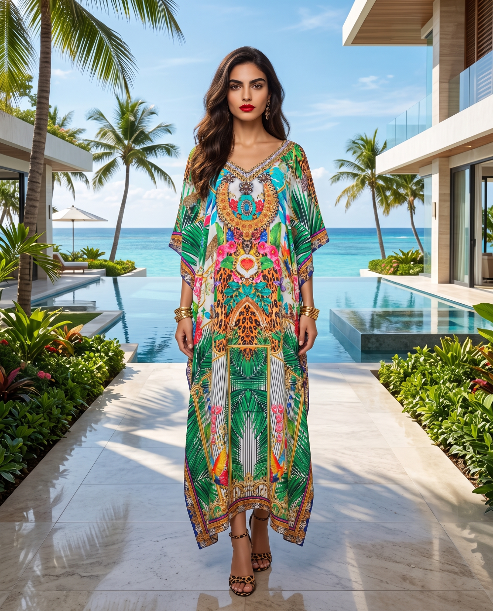Long Silk Embellished Kaftan Tropical by Kaftans that Bling 