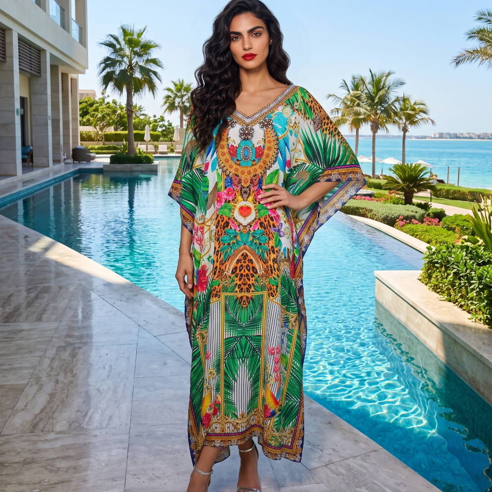 Long Silk Embellished Box Kaftan Tropical