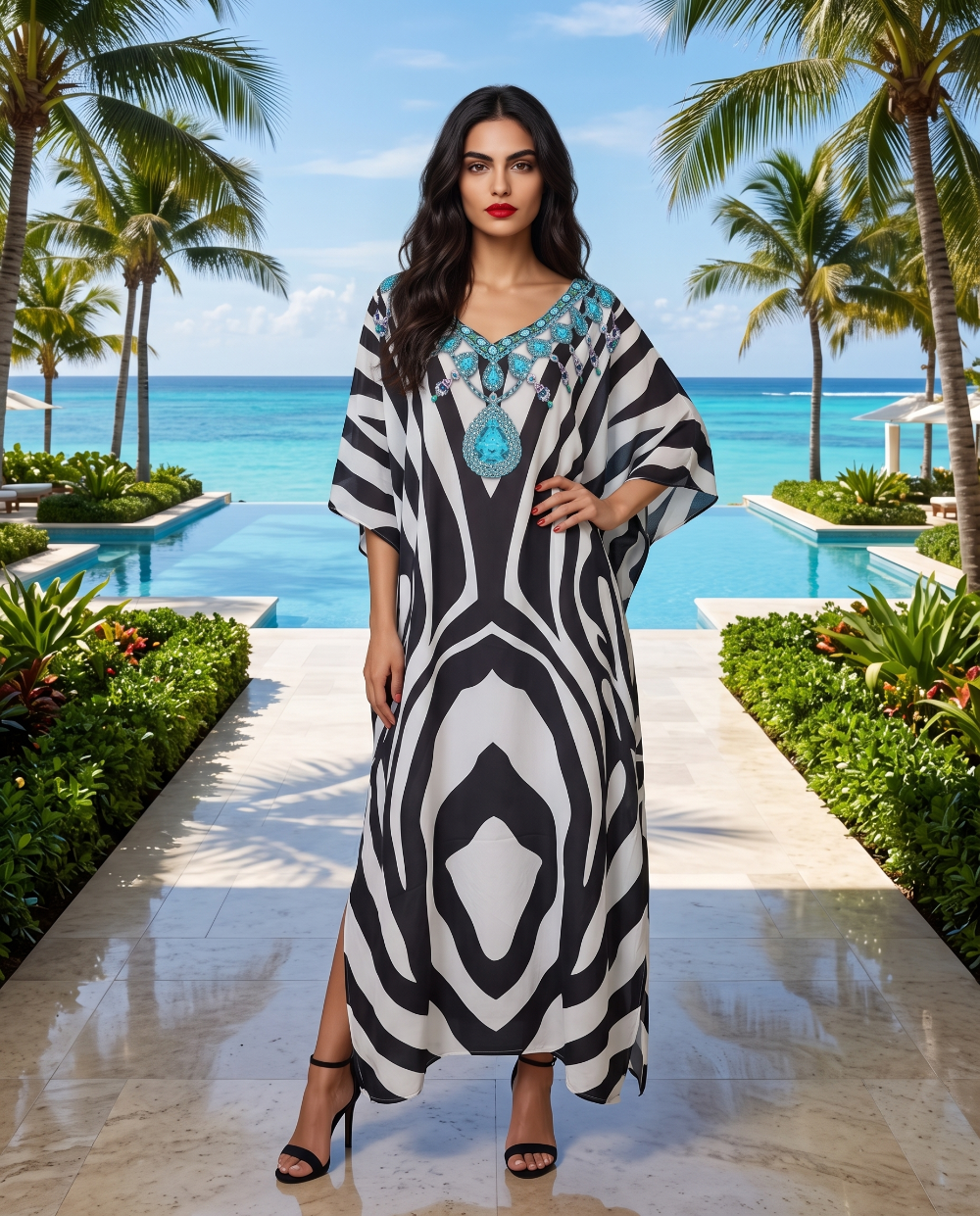 Long Silk Embellished Box Kaftan Zebra