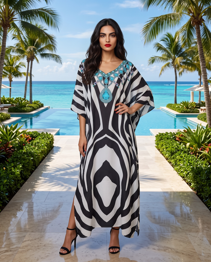 Long Silk Embellished Box Kaftan Zebra
