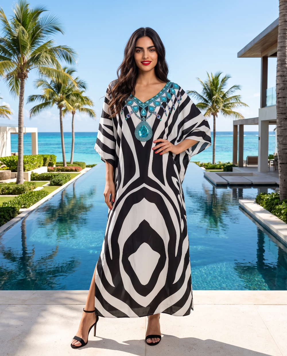 Long Silk Embellished Kaftan Zebra by Kaftans that Bling