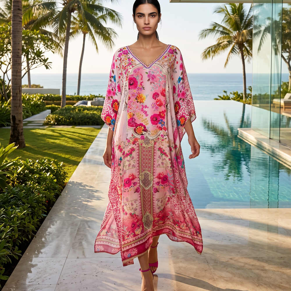 Long Silk Embellished Box Kaftan Secret Garden