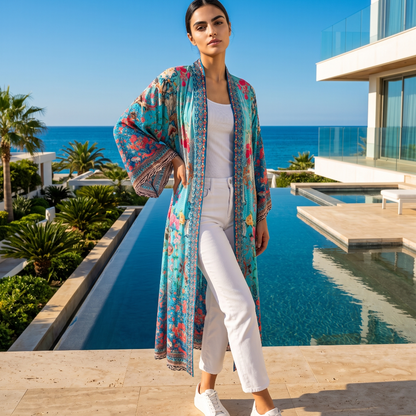 Long Embellished Box Kaftan Feather & matching Kimono