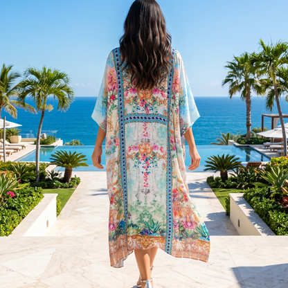 Long Embellished Box Kaftan Peacock Feather