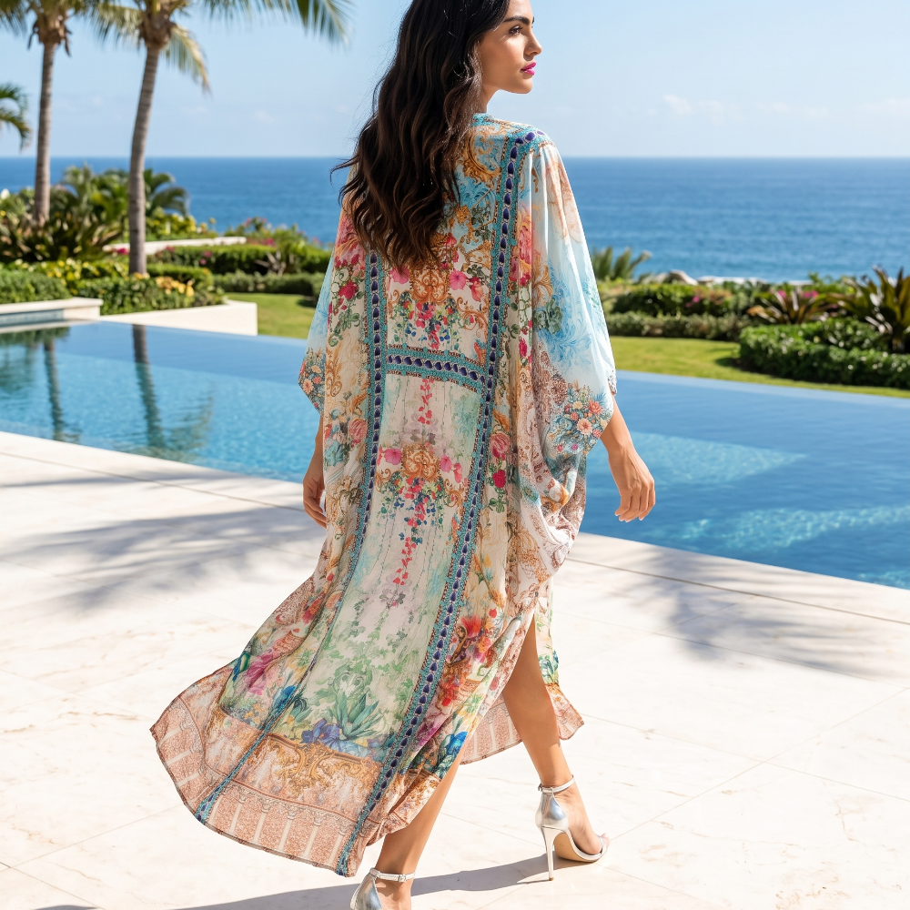 Long Embellished Box Kaftan Peacock Feather