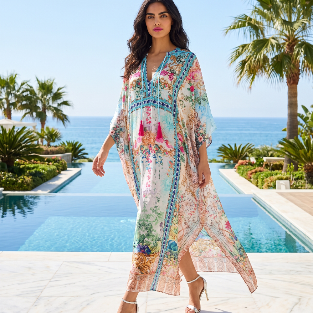 Long Embellished Box Kaftan Peacock Feather