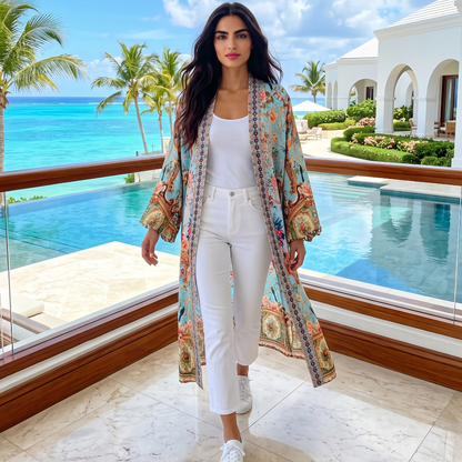 Long Embellished Silky Kimono Baroque