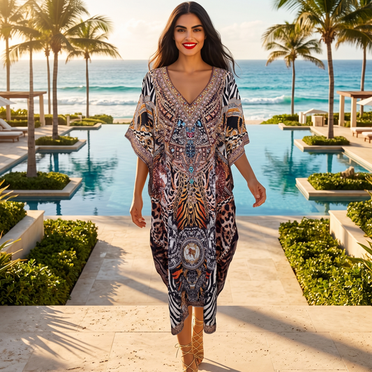 Long Silk Embellished Box Kaftan Leopard at Kaftans that Bling 