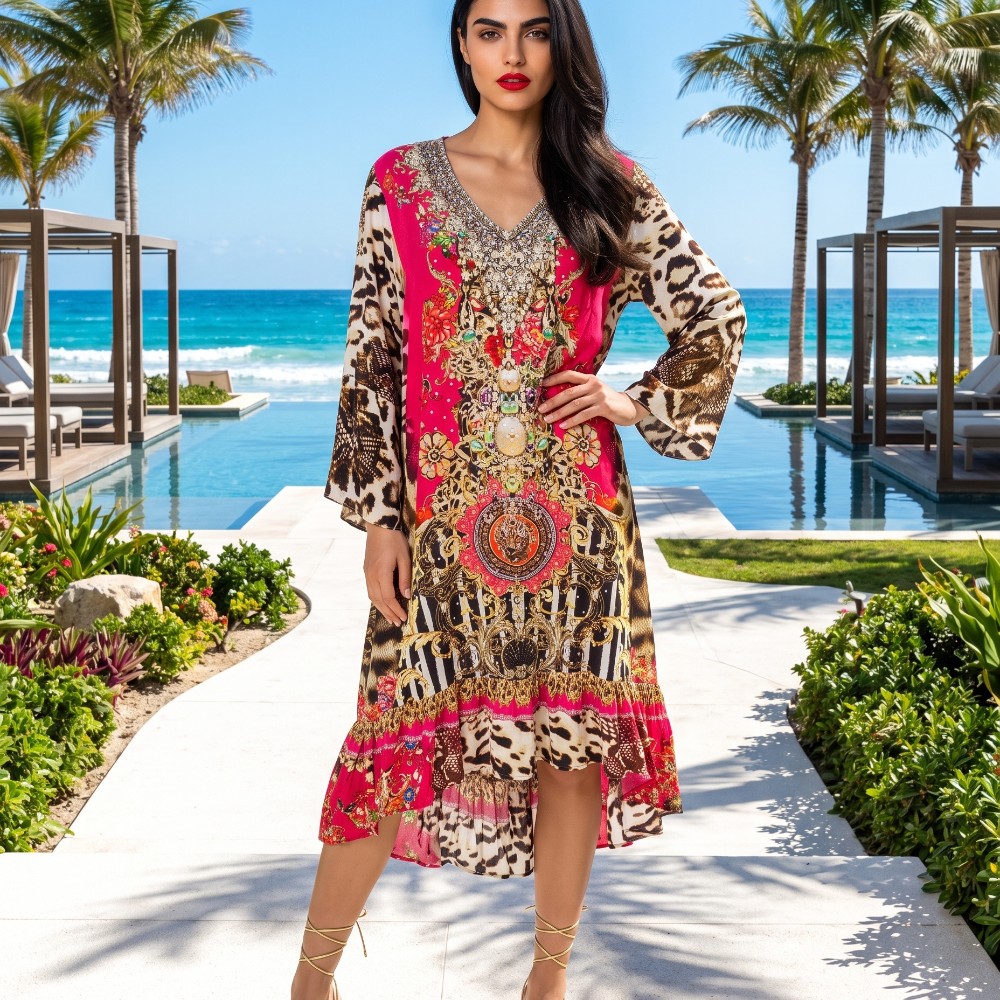 Silk Embellished Hi-Low Frill Dress Garden Delight