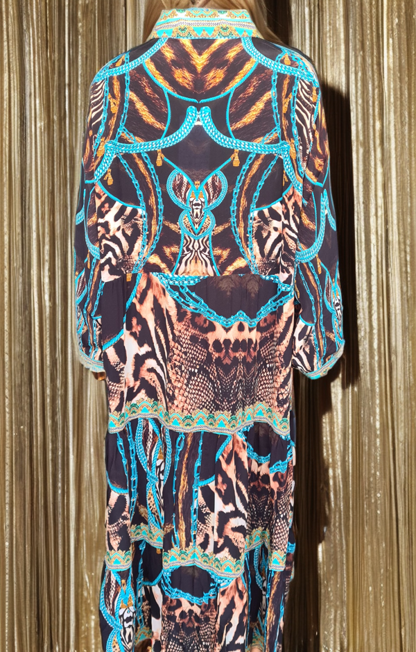 Silk Shirt Frill Maxi Dress Leopard Blue