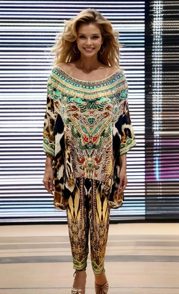 Long Silk Embellished Pants - Cheetah - Kaftans that Bling