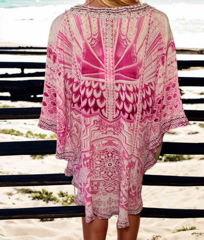 Pink Silk Embellished Butterfly Top with intricate beadwork and flared fit displayed outdoors