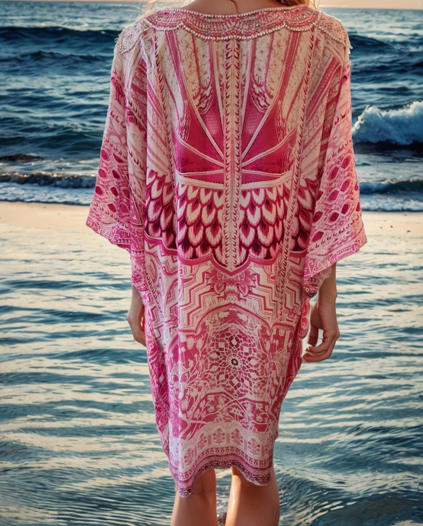 Short Silk Embellished Kaftan Flamingo- by Fashion Spectrum