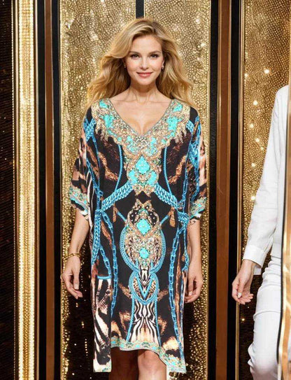  sleeve Silk Embellished Dress -Leopard Blue-Kaftans that Bling
